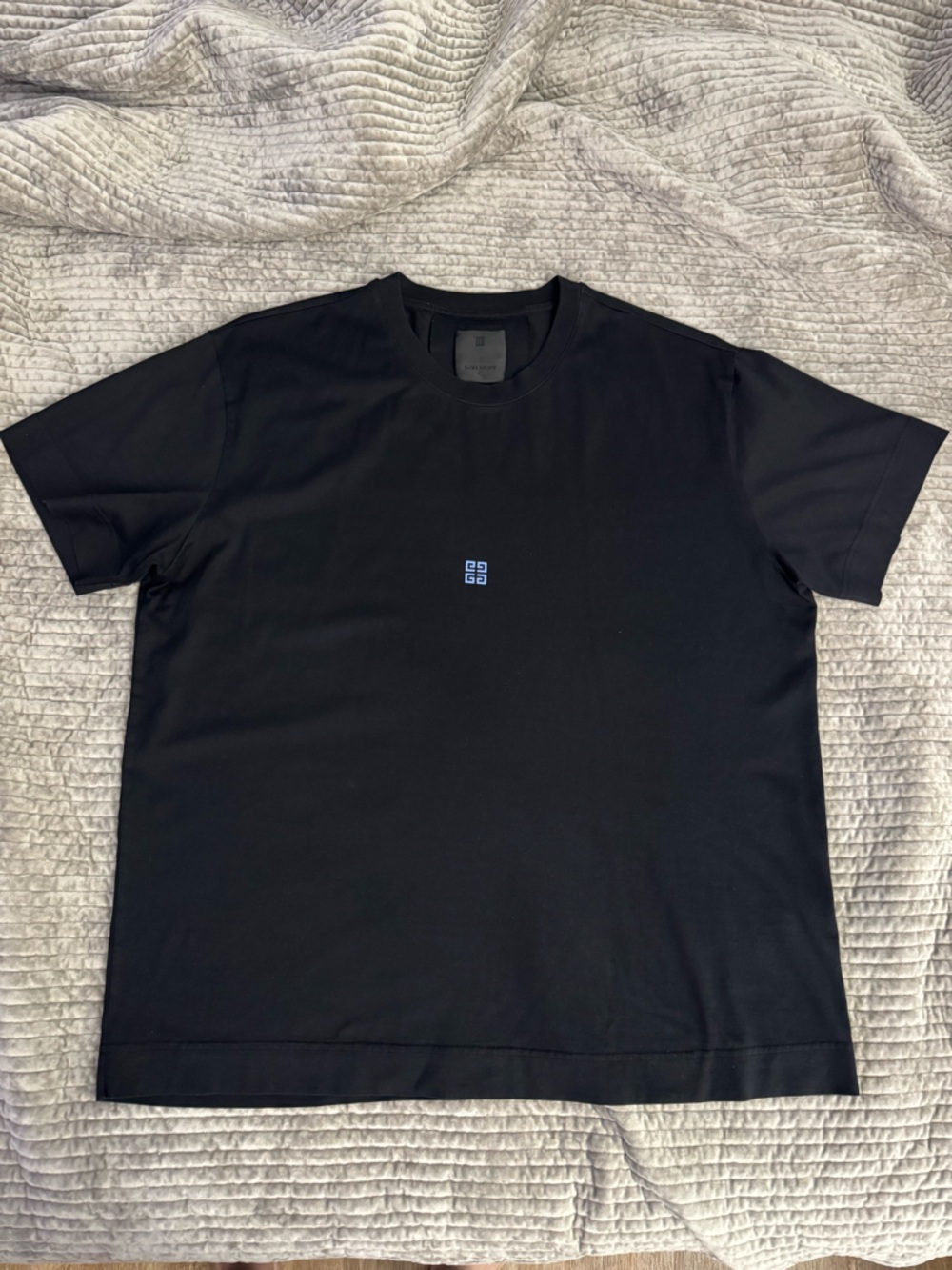 Givenchy Black Tee with Small Blue Emblem, worn once, like new.